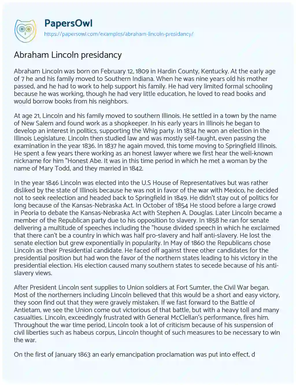 Essay on Abraham Lincoln Presidancy