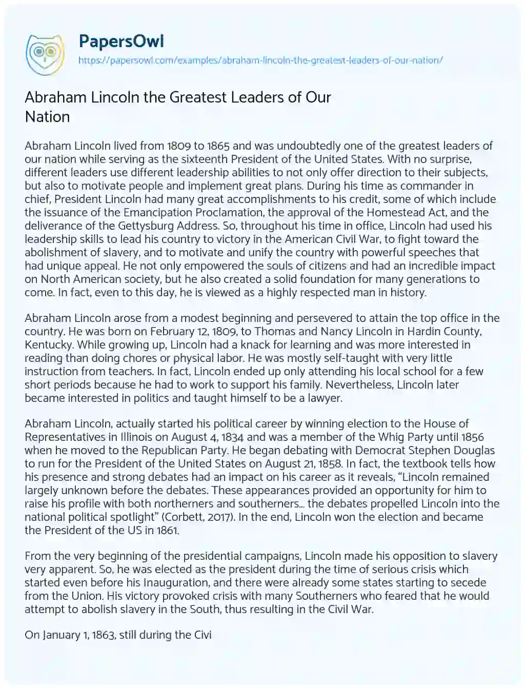 Essay on Abraham Lincoln the Greatest Leaders of our Nation
