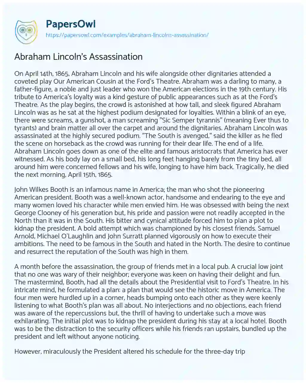 Essay on Abraham Lincoln’s Assassination