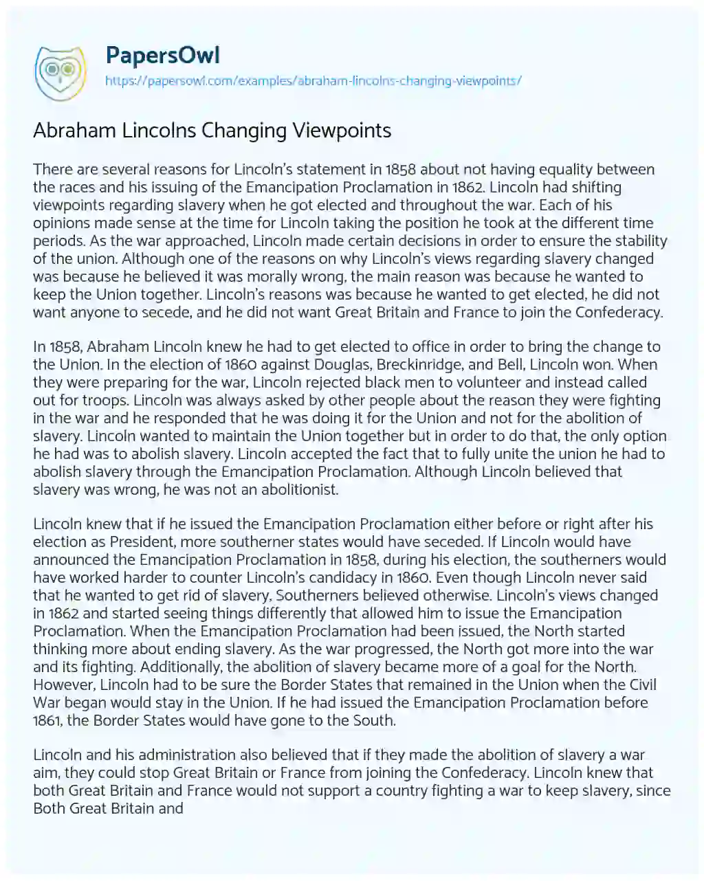 Essay on Abraham Lincolns Changing Viewpoints