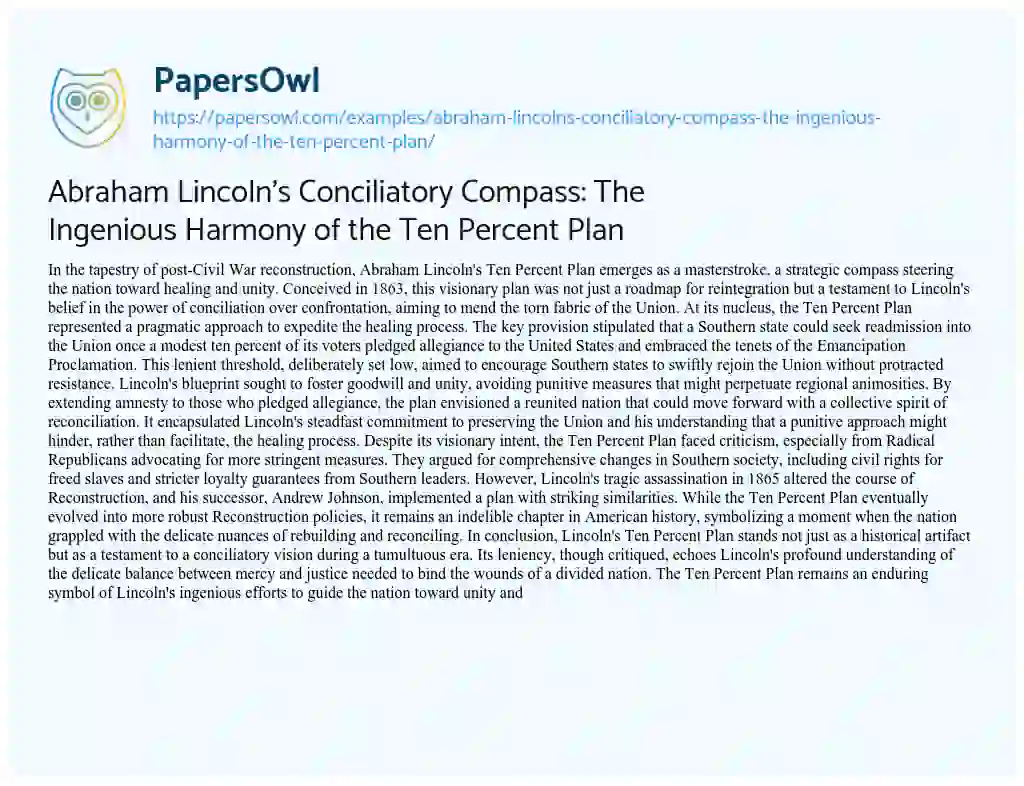 Essay on Abraham Lincoln’s Conciliatory Compass: the Ingenious Harmony of the Ten Percent Plan