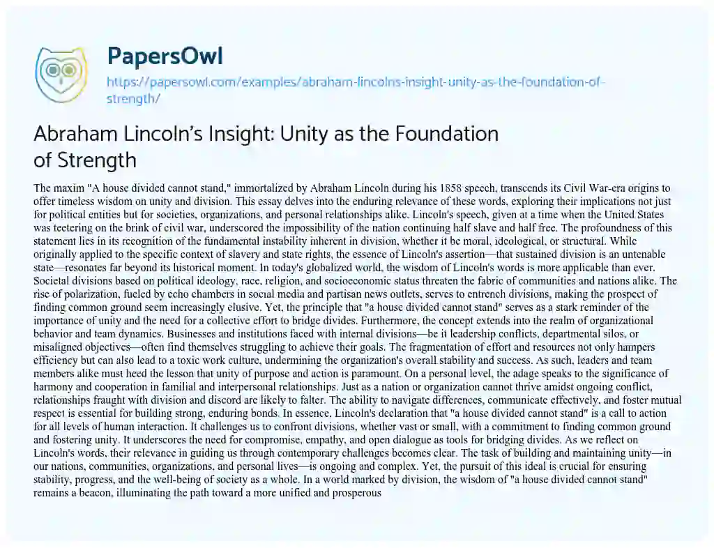 Essay on Abraham Lincoln’s Insight: Unity as the Foundation of Strength