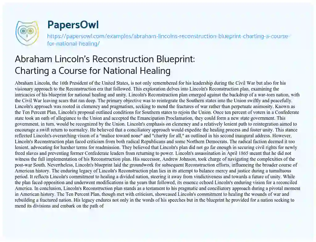Essay on Abraham Lincoln’s Reconstruction Blueprint: Charting a Course for National Healing