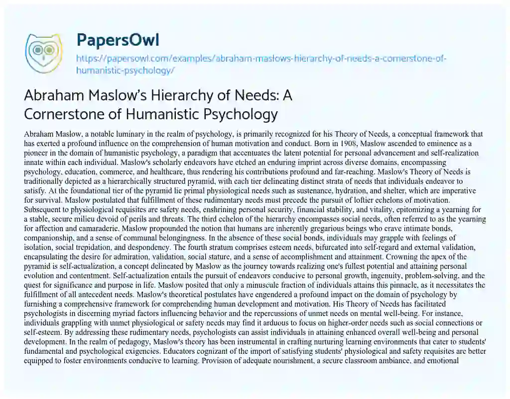 Essay on Abraham Maslow’s Hierarchy of Needs: a Cornerstone of Humanistic Psychology