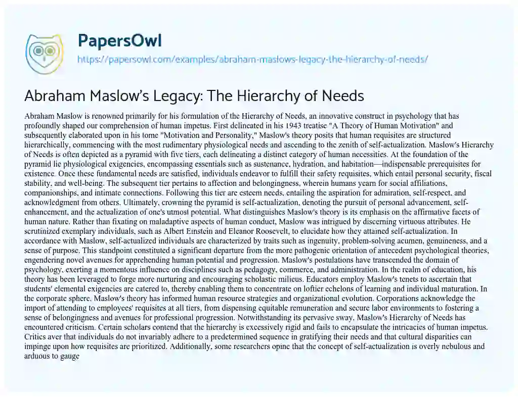 Essay on Abraham Maslow’s Legacy: the Hierarchy of Needs