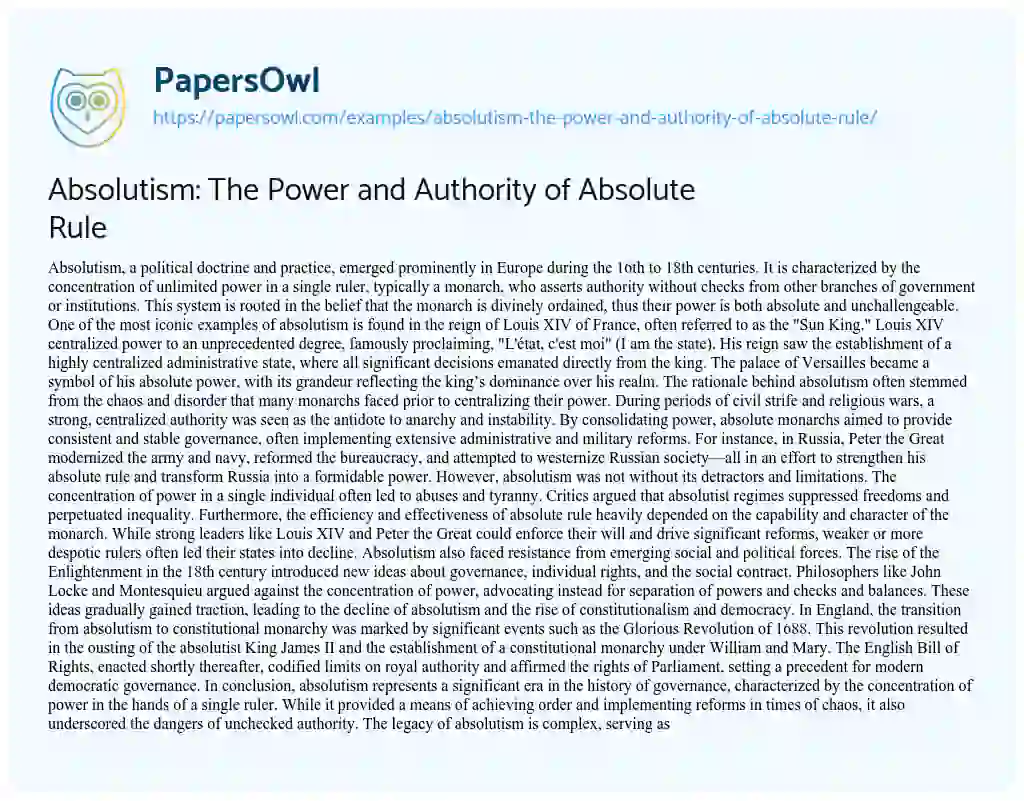 Essay on Absolutism: the Power and Authority of Absolute Rule