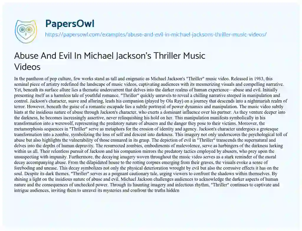 Essay on Abuse and Evil in Michael Jackson’s Thriller Music Videos