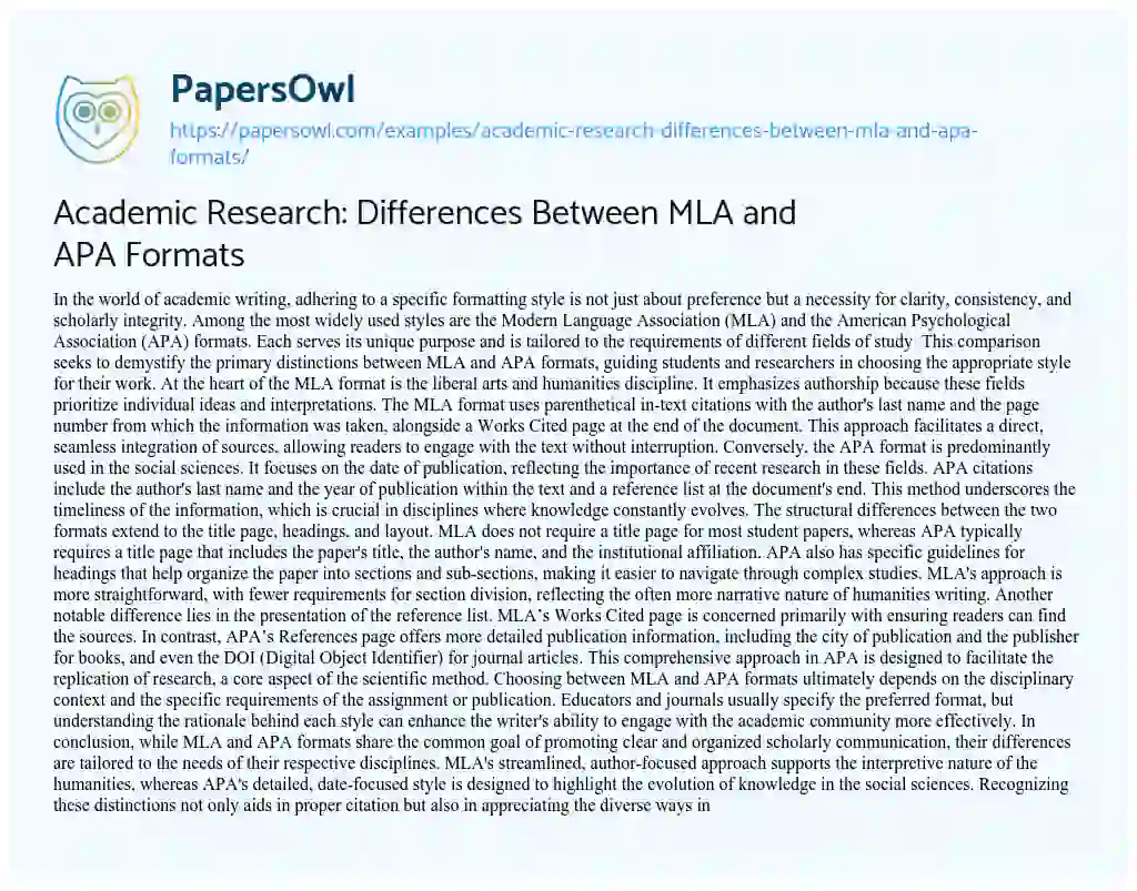 Essay on Academic Research: Differences between MLA and APA Formats