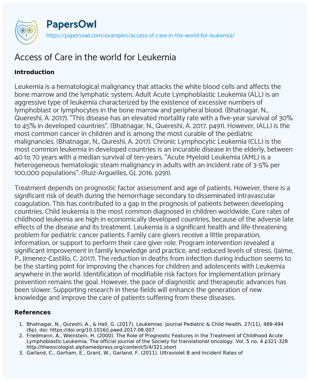 Essay on Access of Care in the World for Leukemia