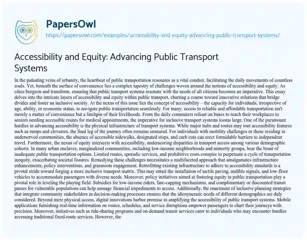 Essay on Accessibility and Equity: Advancing Public Transport Systems
