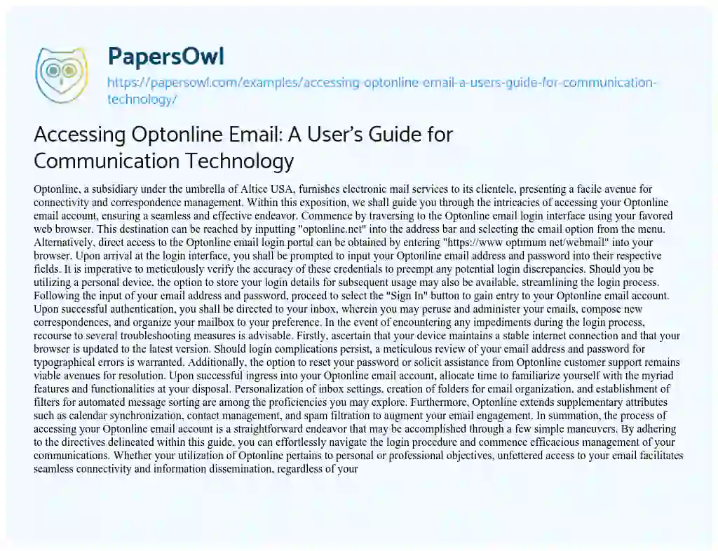 Essay on Accessing Optonline Email: a User’s Guide for Communication Technology