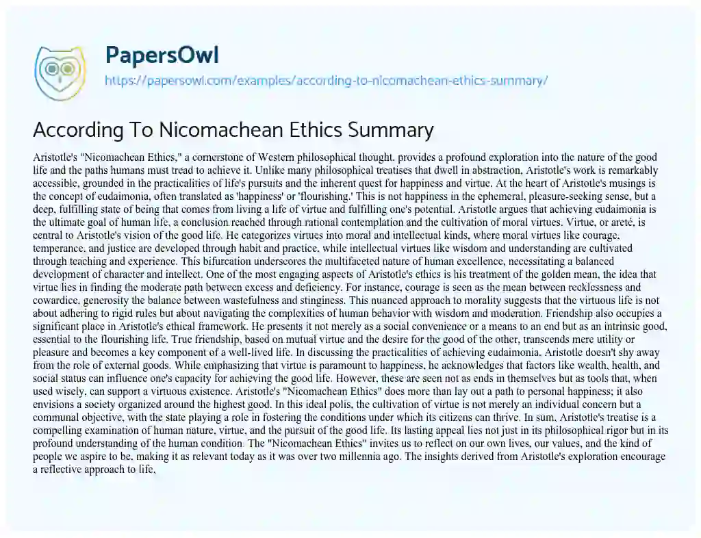 Essay on According to Nicomachean Ethics Summary