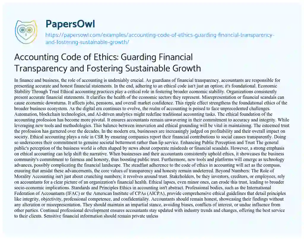 Essay on Accounting Code of Ethics: Guarding Financial Transparency and Fostering Sustainable Growth