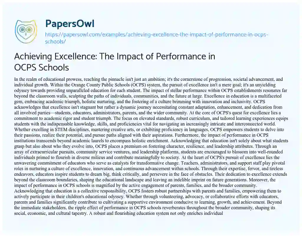 Essay on Achieving Excellence: the Impact of Performance in OCPS Schools