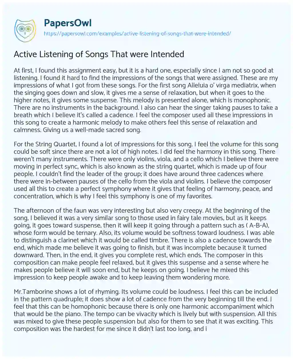 Active Listening of Songs that were Intended essay