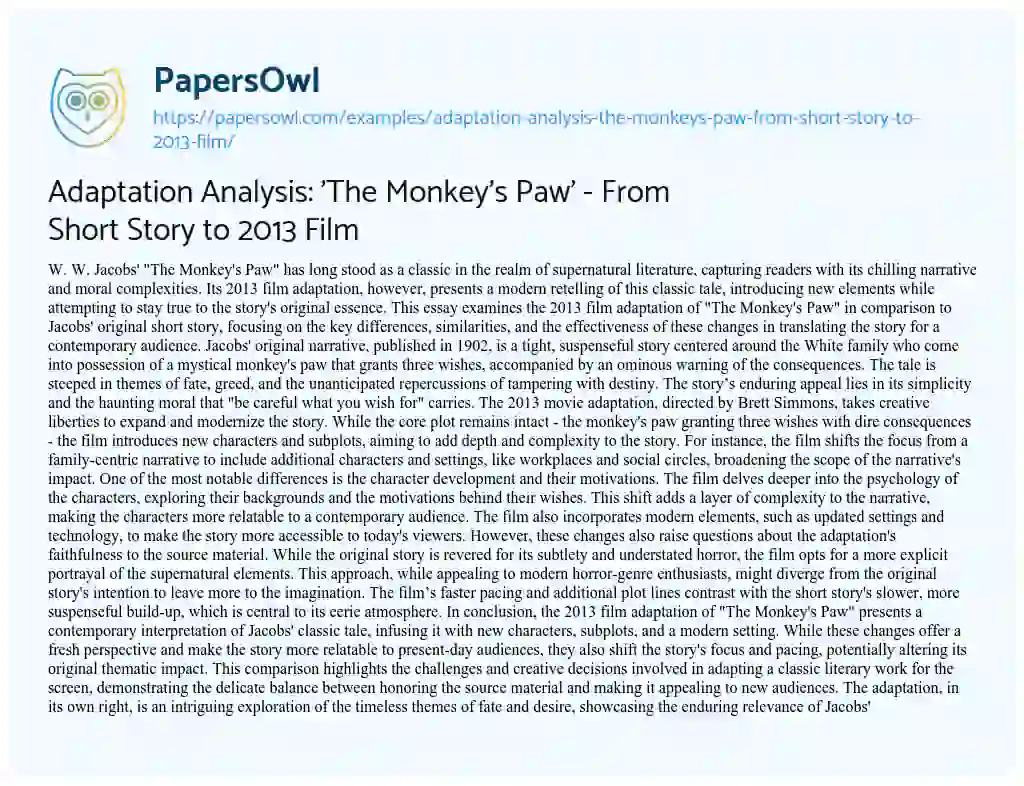 Essay on Adaptation Analysis: ‘The Monkey’s Paw’ – from Short Story to 2013 Film