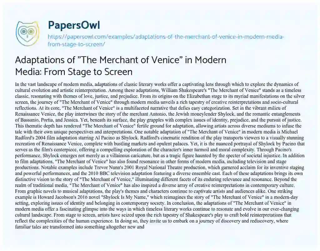 Essay on Adaptations of “The Merchant of Venice” in Modern Media: from Stage to Screen