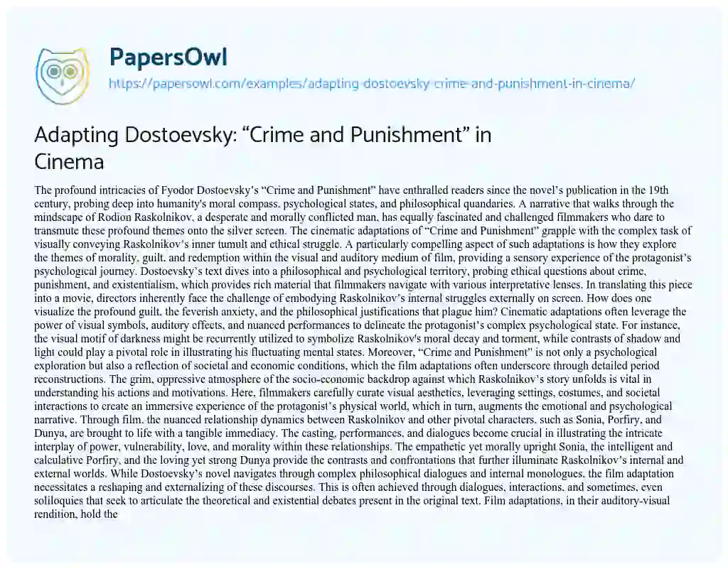 Essay on Adapting Dostoevsky: “Crime and Punishment” in Cinema