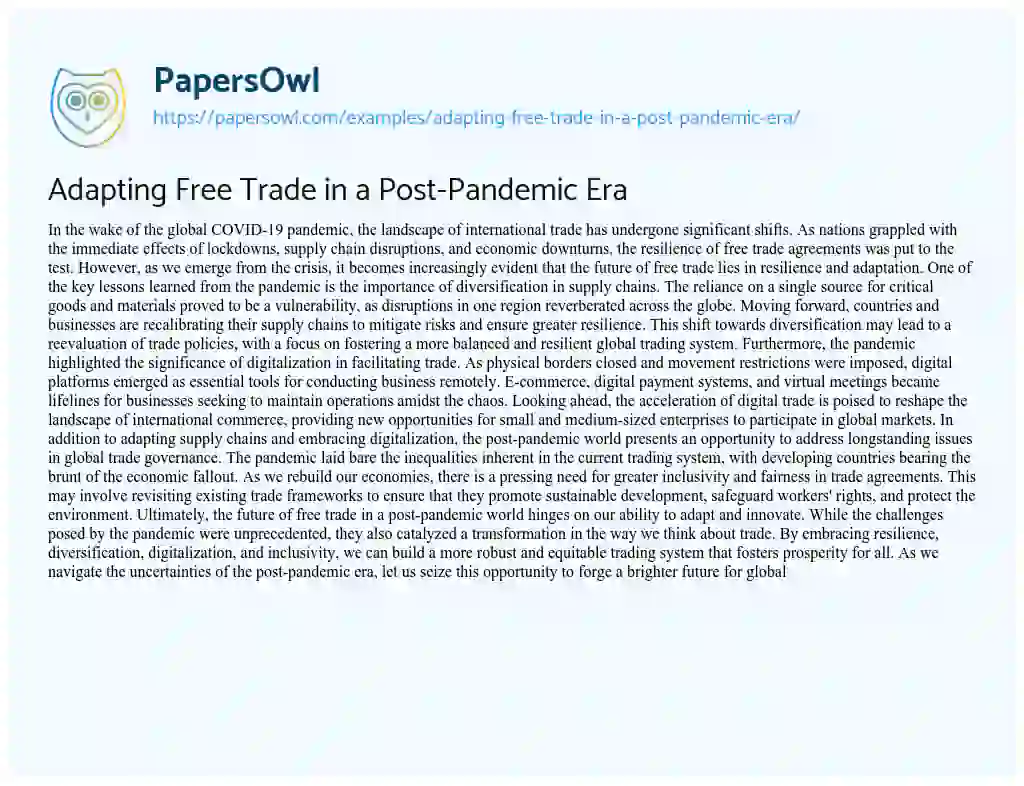 Essay on Adapting Free Trade in a Post-Pandemic Era