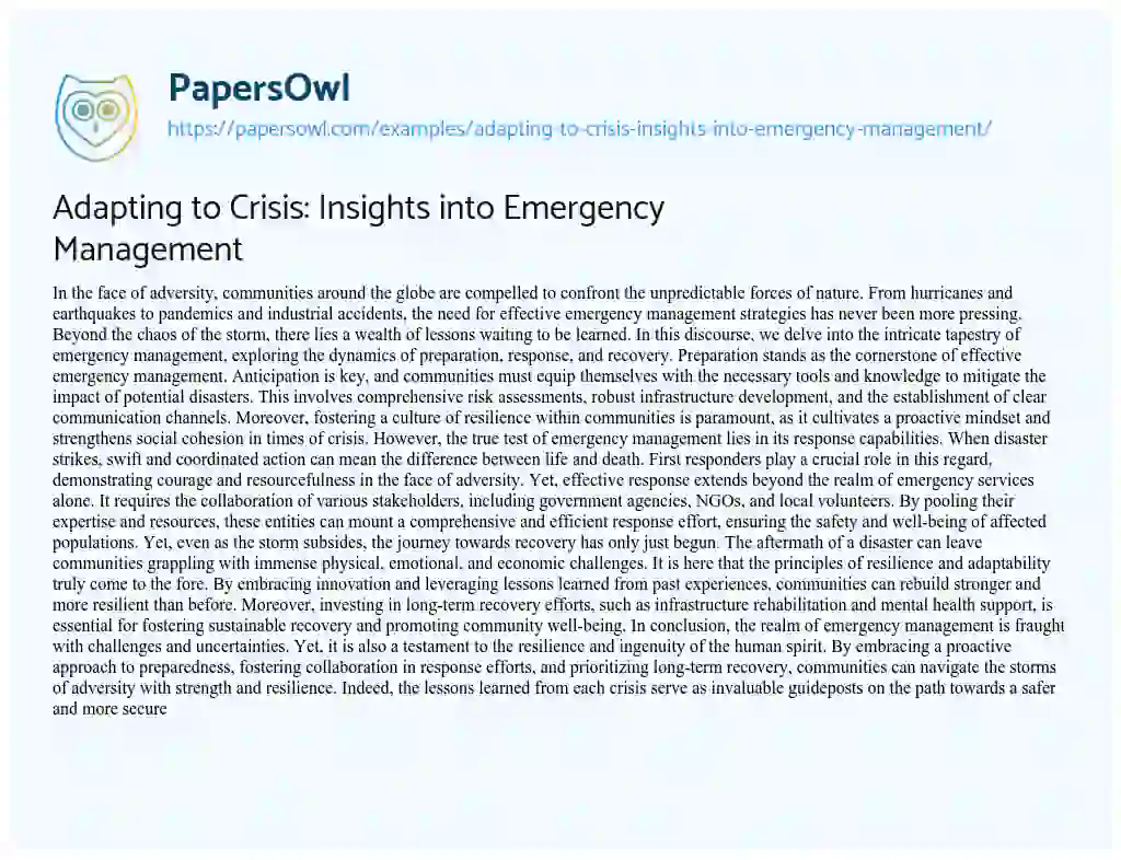 Essay on Adapting to Crisis: Insights into Emergency Management