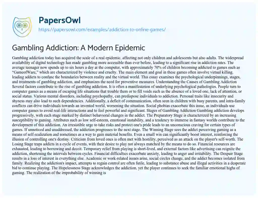 Video Game Addiction Free Essay Example