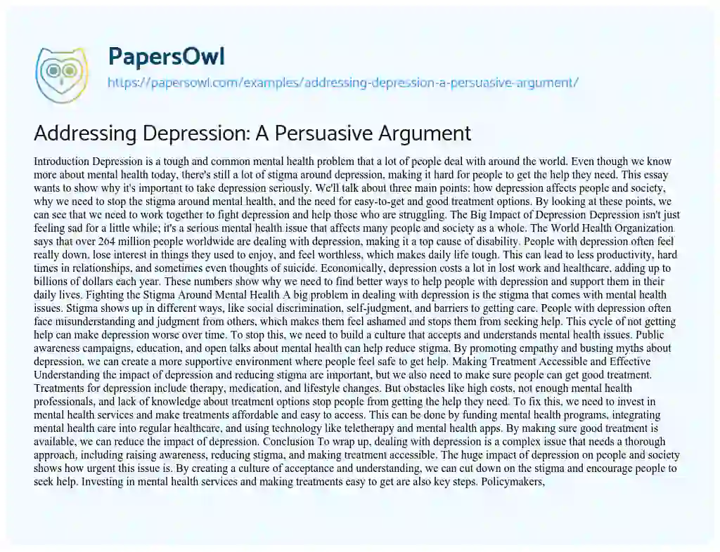 Essay on Addressing Depression: a Persuasive Argument