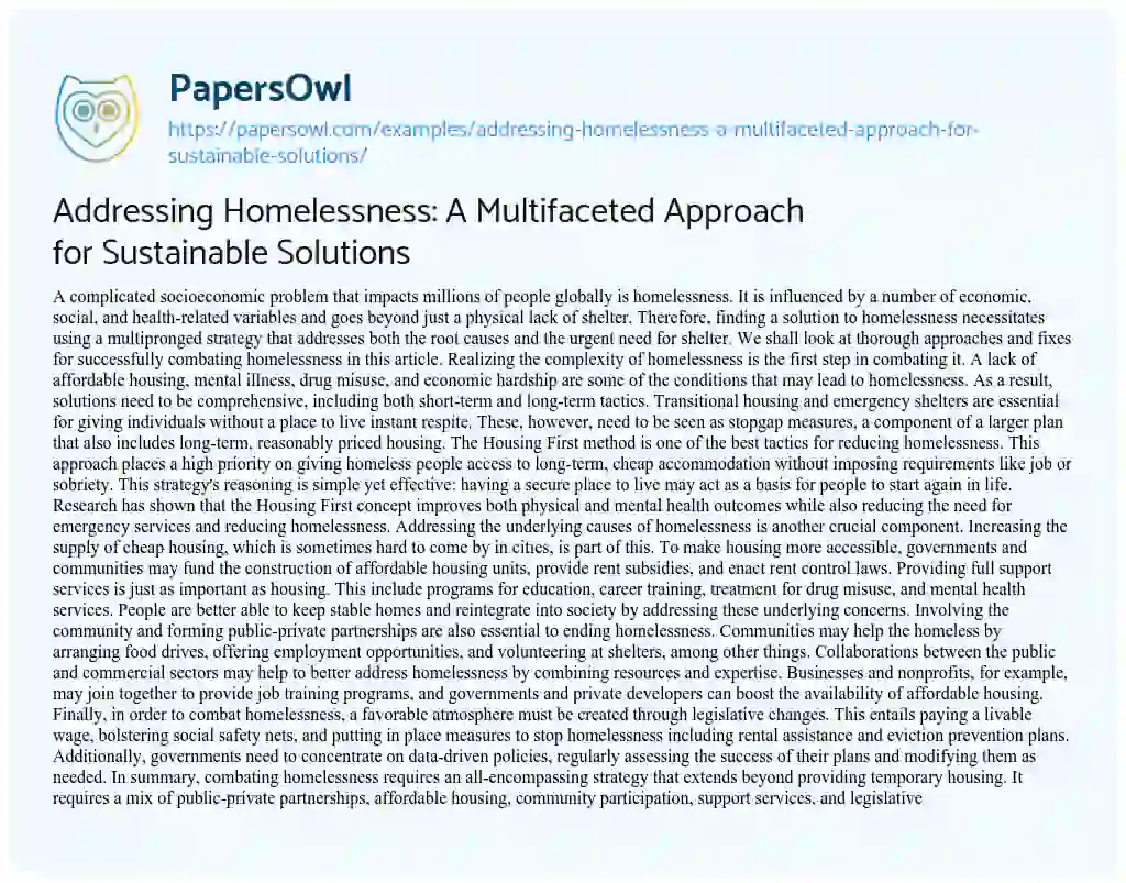 Essay on Addressing Homelessness: a Multifaceted Approach for Sustainable Solutions