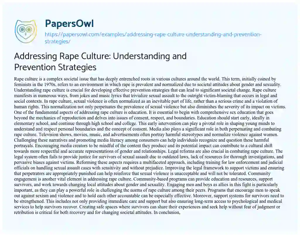 Essay on Addressing Rape Culture: Understanding and Prevention Strategies