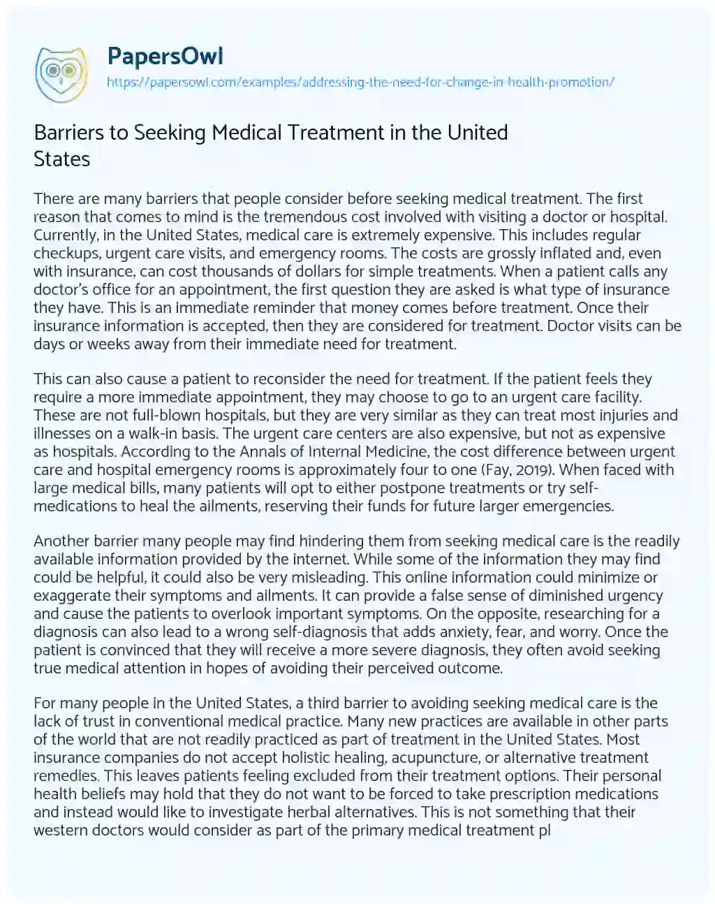 Essay on Barriers to Seeking Medical Treatment in the United States