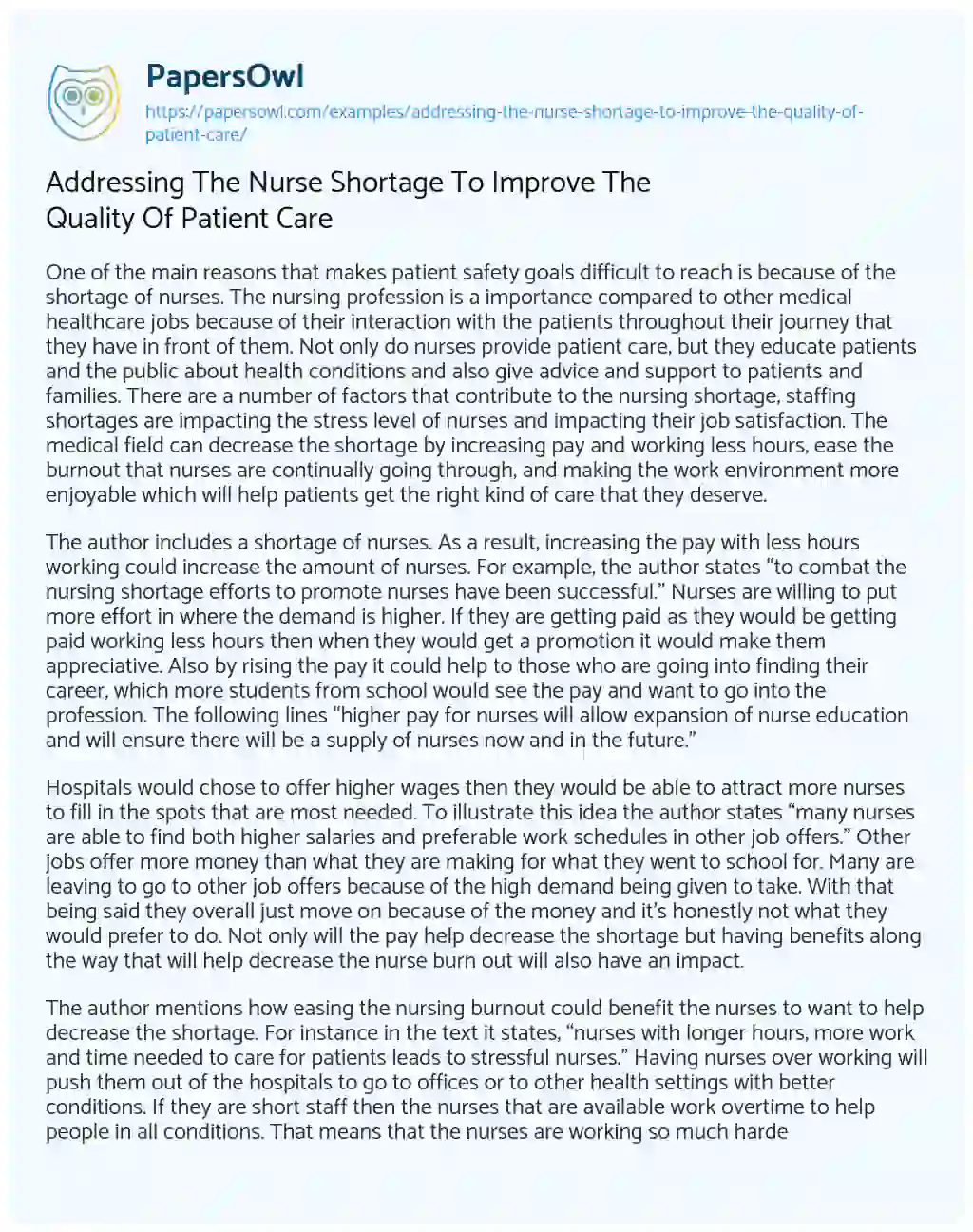 Essay on Addressing the Nurse Shortage to Improve the Quality of Patient Care
