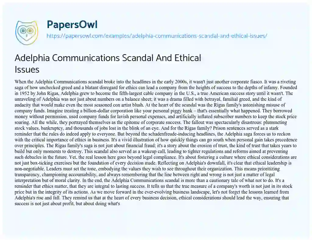 Essay on Adelphia Communications Scandal and Ethical Issues