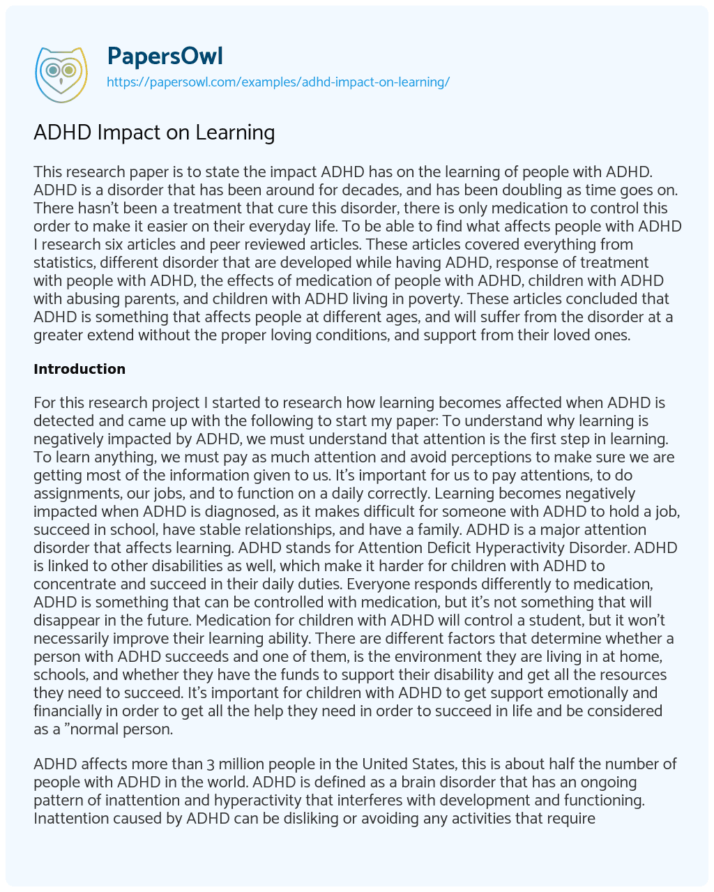 Essay on ADHD Impact on Learning