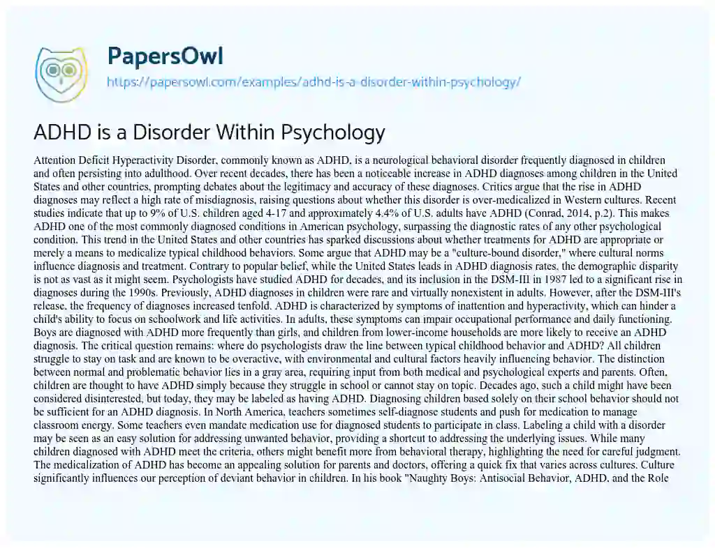 Essay on ADHD is a Disorder Within Psychology