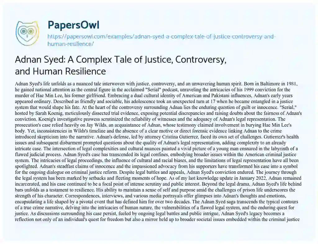 Essay on Adnan Syed: a Complex Tale of Justice, Controversy, and Human Resilience