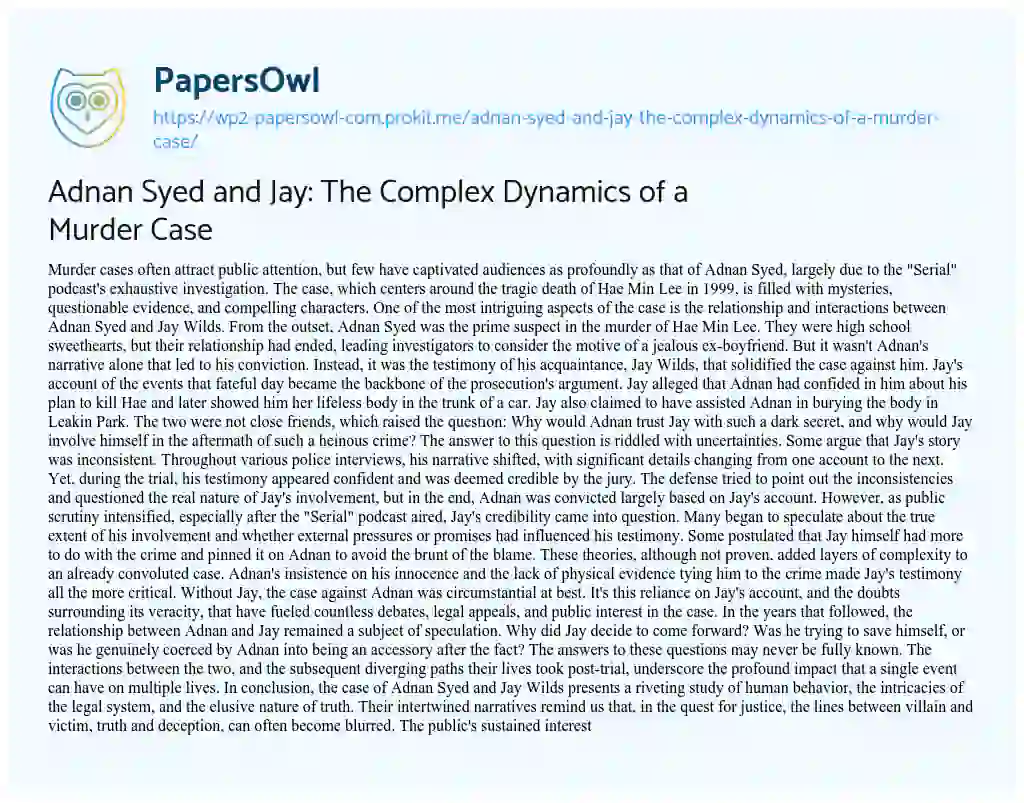 Essay on Adnan Syed and Jay: the Complex Dynamics of a Murder Case