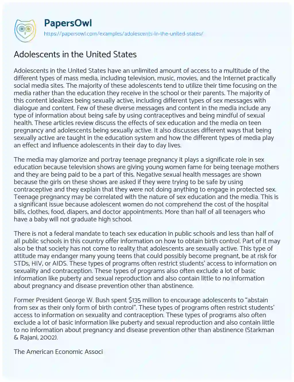 Essay on Adolescents in the United States