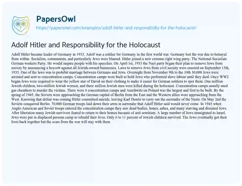 Essay on Adolf Hitler and Responsibility for the Holocaust