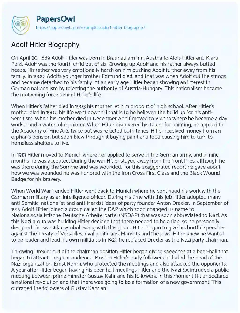 Essay on Adolf Hitler Biography