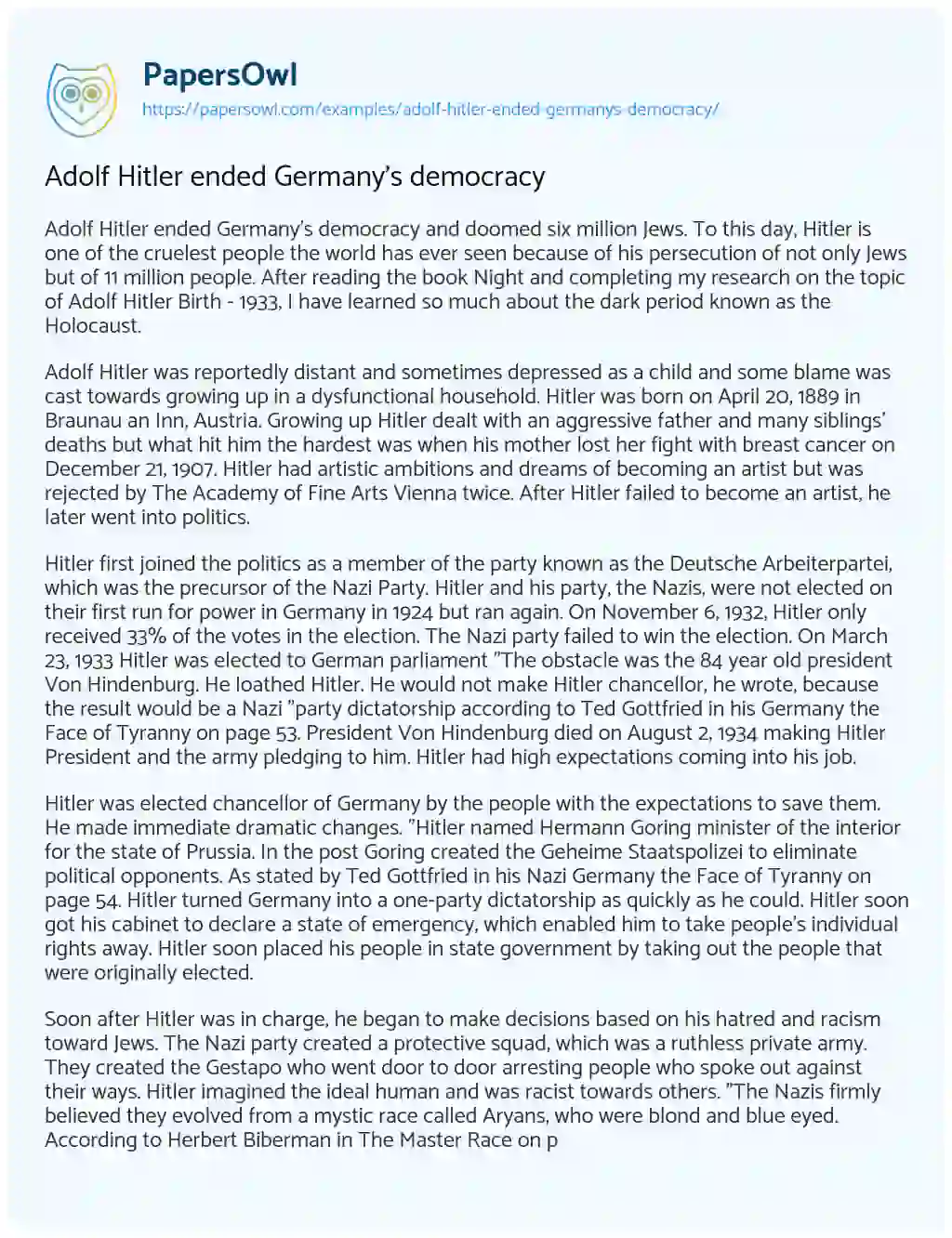 Essay on Adolf Hitler Ended Germany’s Democracy