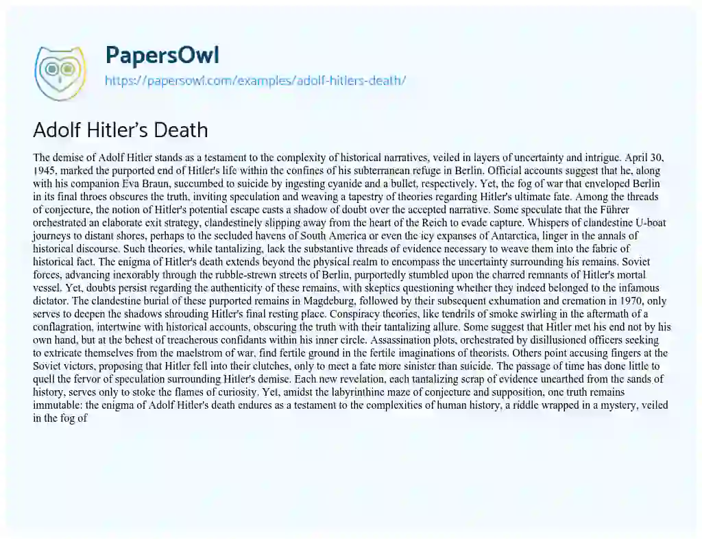 Essay on Adolf Hitler’s Death