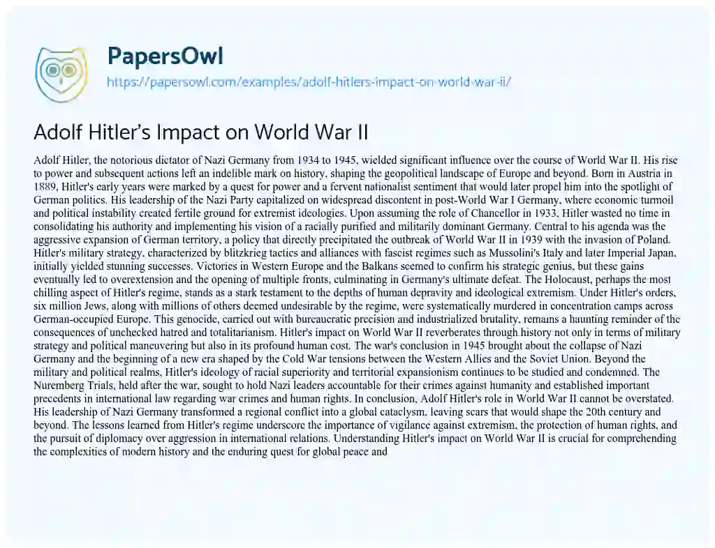 Essay on Adolf Hitler’s Impact on World War II