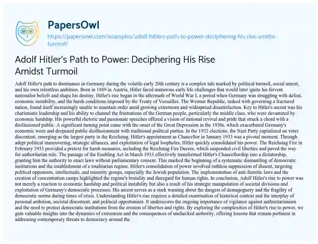 Essay on Adolf Hitler’s Path to Power: Deciphering his Rise Amidst Turmoil