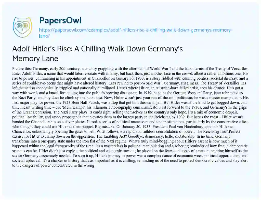 Essay on Adolf Hitler’s Rise: a Chilling Walk down Germany’s Memory Lane