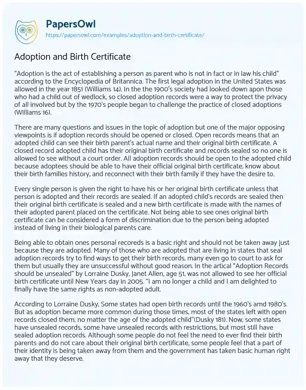 Essay on Adoption and Birth Certificate
