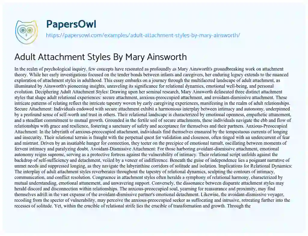 Essay on Adult Attachment Styles by Mary Ainsworth