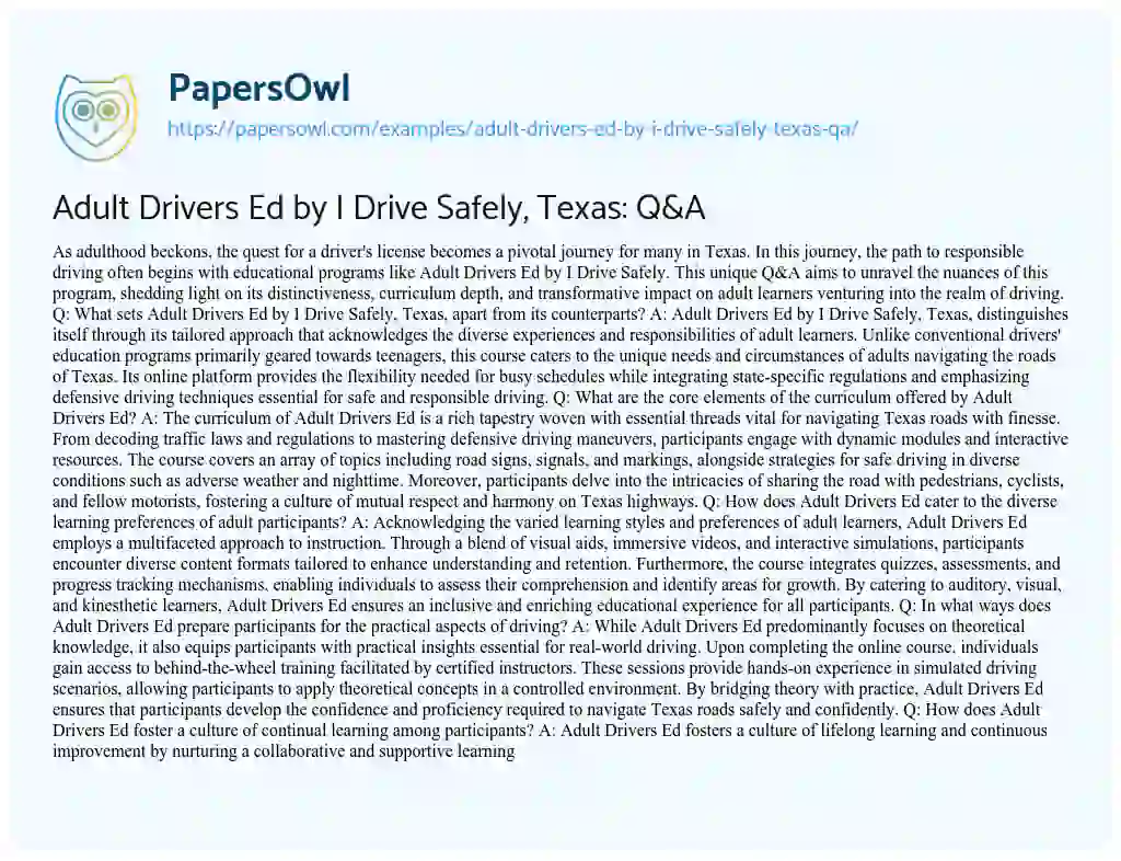 Essay on Adult Drivers Ed by i Drive Safely, Texas: Q&A