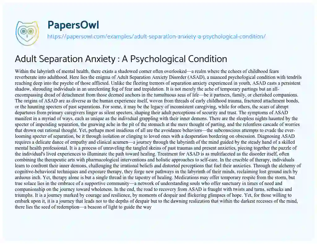 Essay on Adult Separation Anxiety : a Psychological Condition