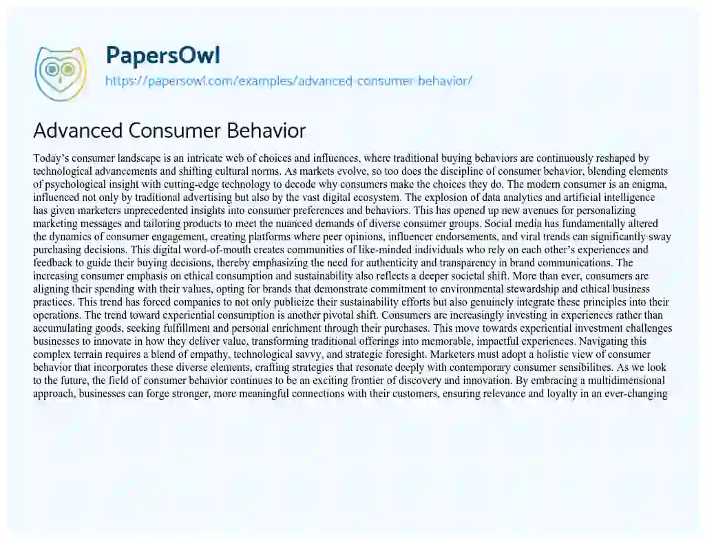 Essay on Advanced Consumer Behavior