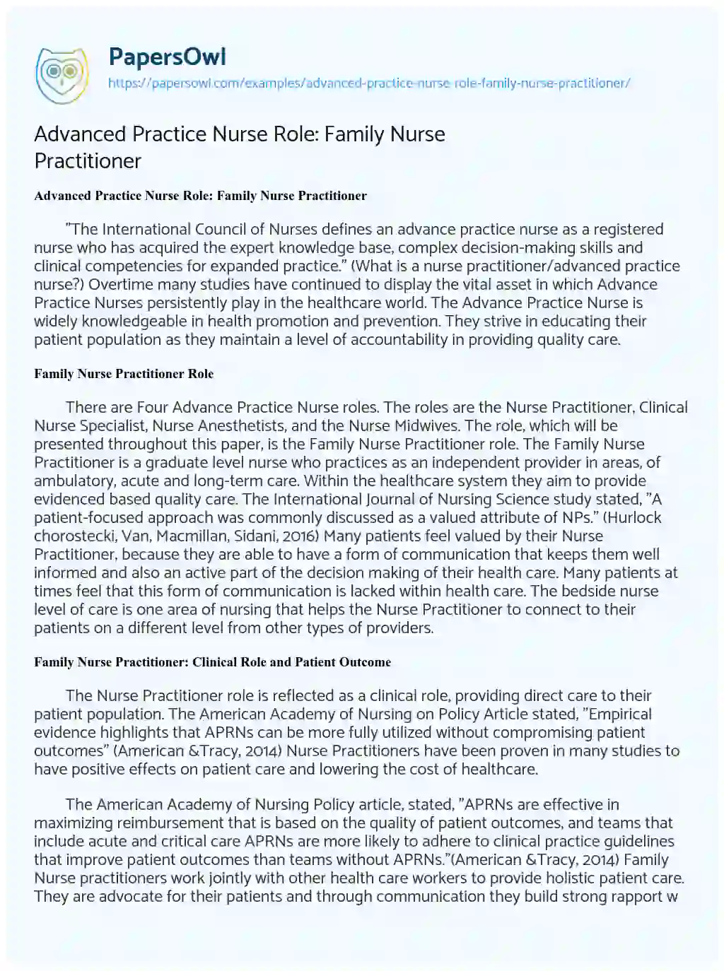 Essay on Advanced Practice Nurse Role: Family Nurse Practitioner