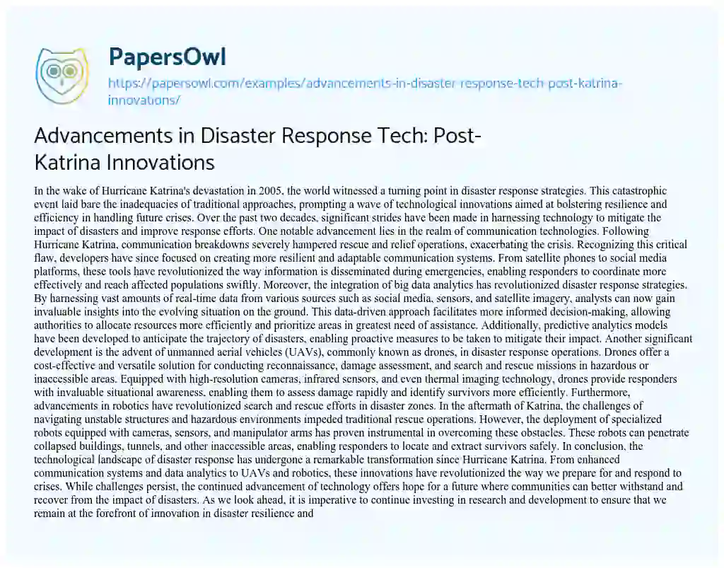 Essay on Advancements in Disaster Response Tech: Post-Katrina Innovations